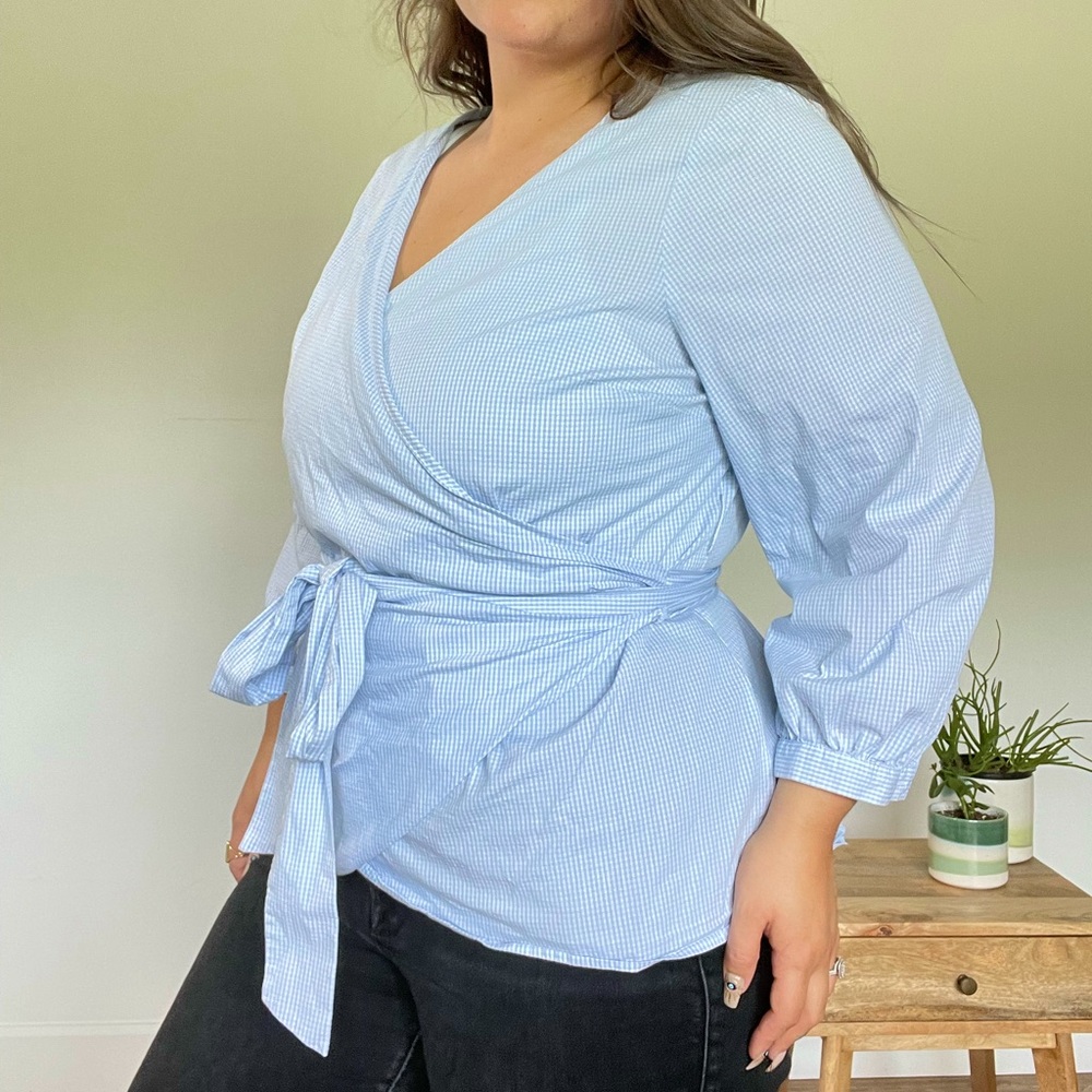 Lane Bryant Blue Gingham Tie Waist Top